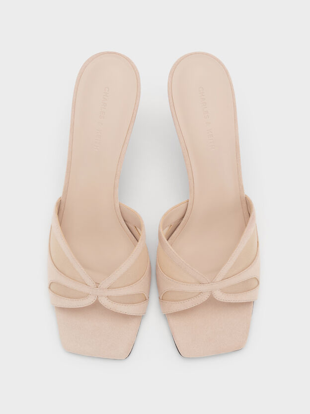Faux Suede & Mesh Heeled Mules, Beige, hi-res