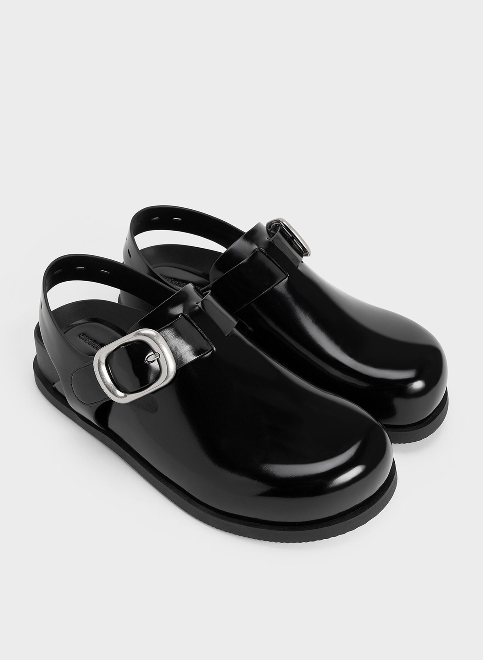 Mules slingback con hebilla, Negro pulido, hi-res