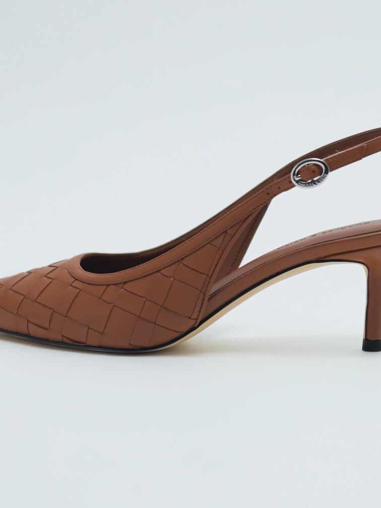 Ivette Woven Pointed-Toe Slingback Pumps, Brown, hi-res