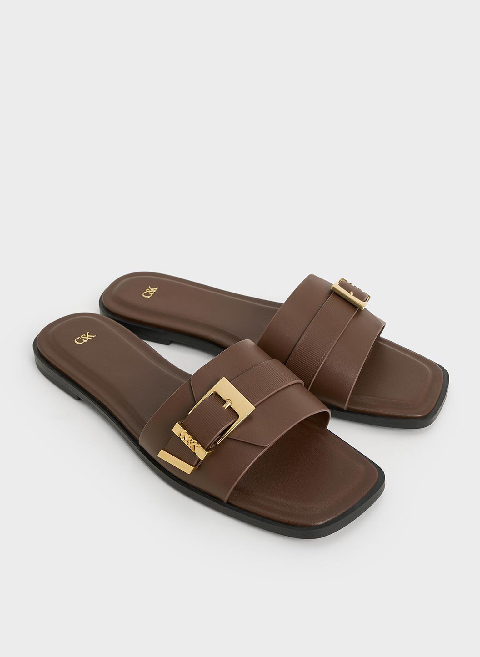 Leather Buckled Square-Toe Slide Sandals, Dark Brown, hi-res