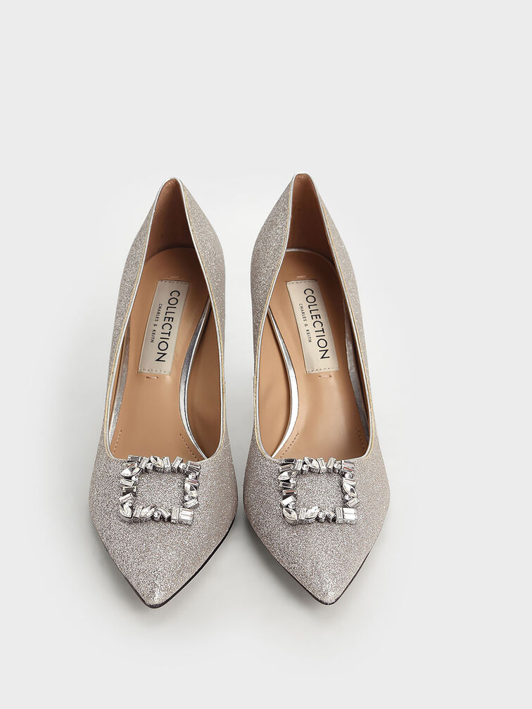 Glitter Gem-Embellished Pumps, Silver, hi-res