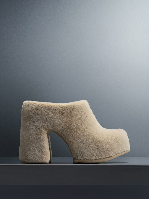 Pixie Furry Platform Mules, Beige, hi-res