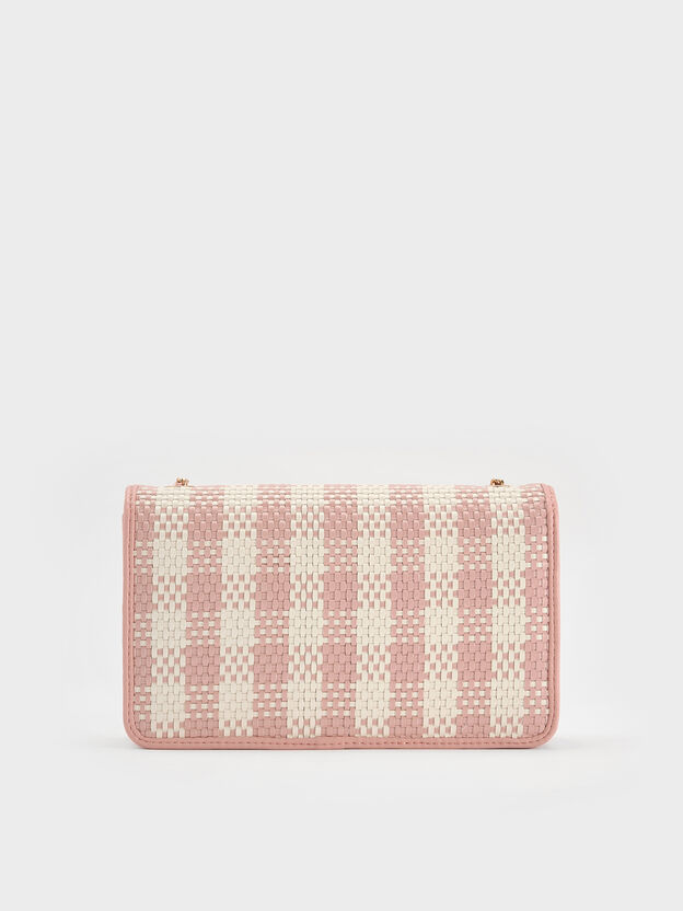 Alessia Checkered Pearl-Embellished Wallet on Chain, Light Pink, hi-res
