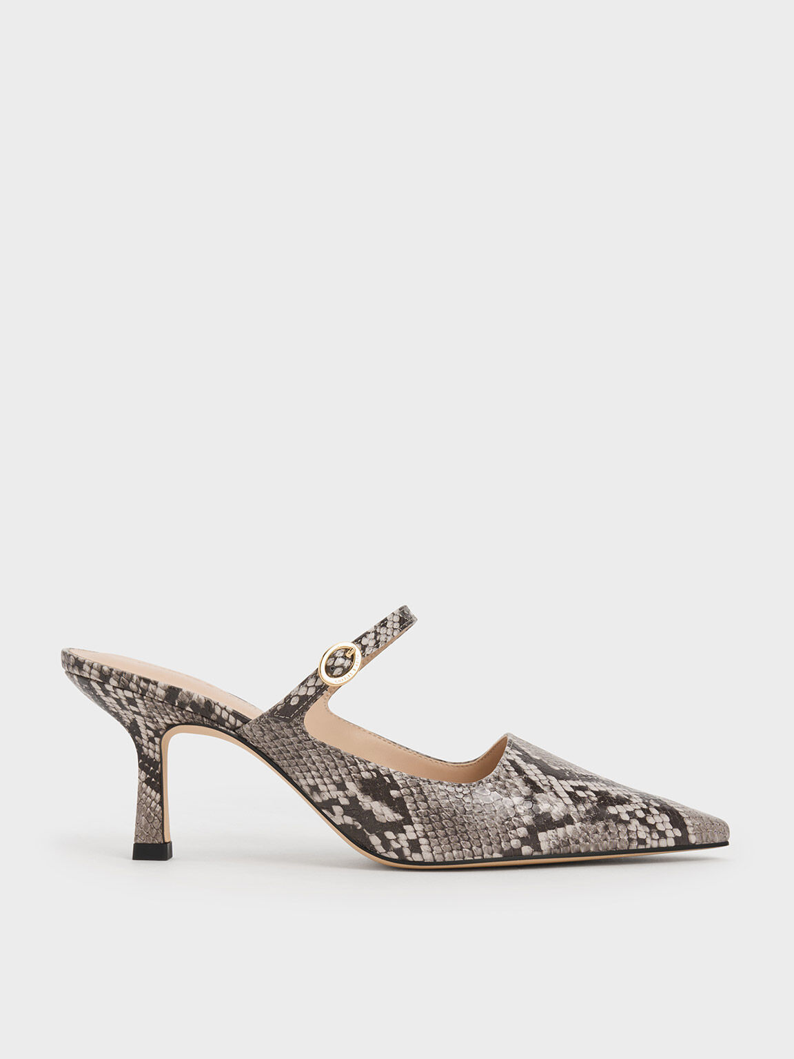 Animal Print Natural Snake Print Buckle Strap Heeled Mules