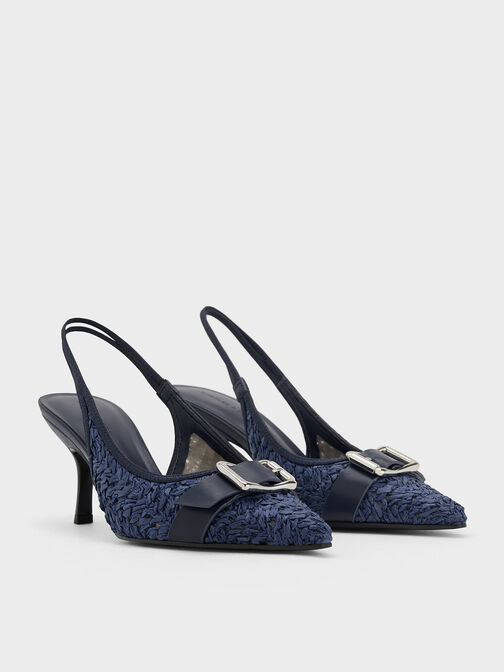 Zapatos de tacón destalonados de rafia con punta afilada y hebilla, Azul oscuro, hi-res