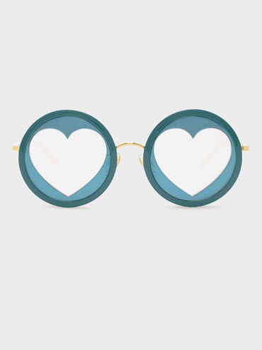 Heart-Shaped Frame Sunglasses, Teal, hi-res