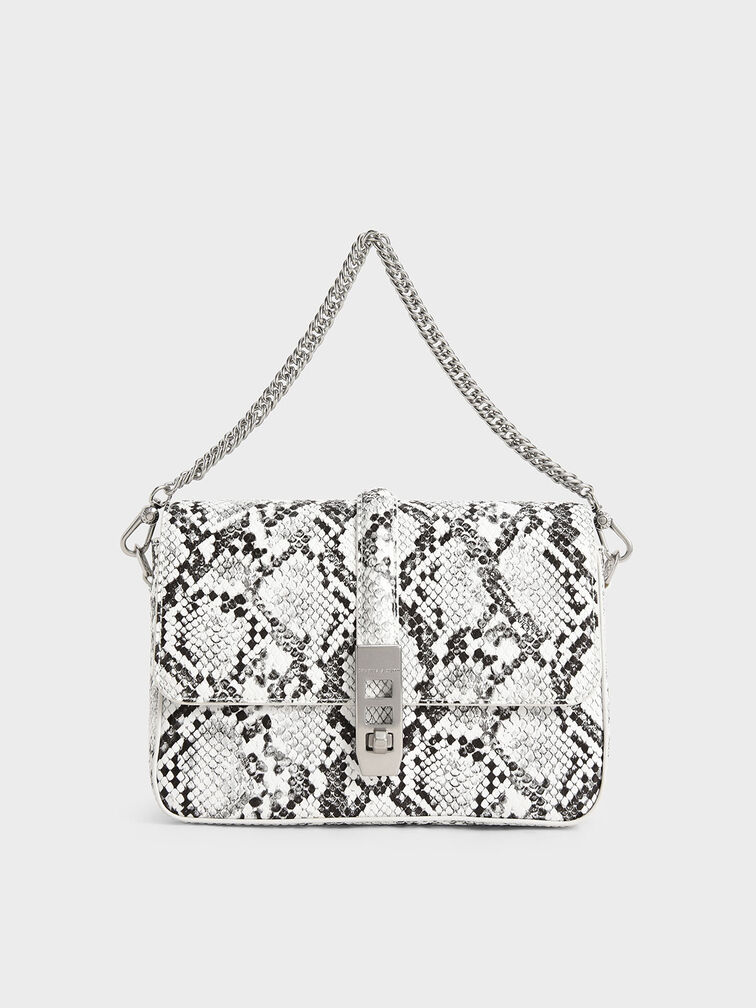 Snake-Print Chain Handle Bag, White, hi-res