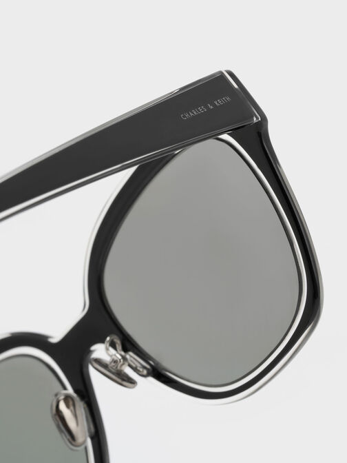 Oversized Square Metallic Accent Sunglasses, Black, hi-res