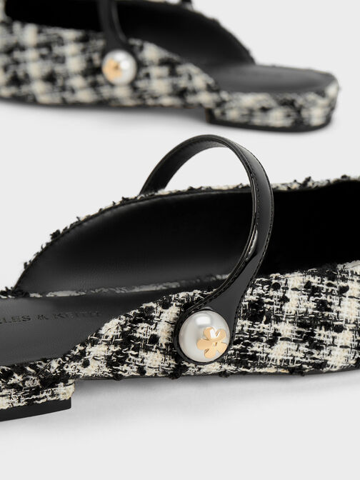 Mules planos de tweed con perlas, Negro texturizado, hi-res