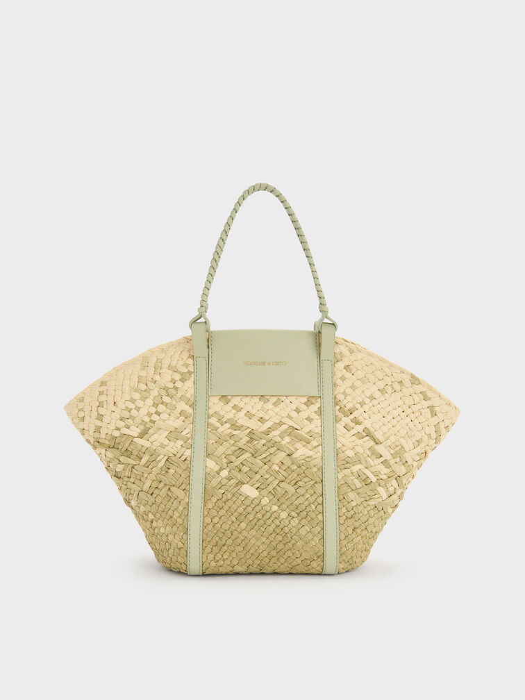 Bolso de rafia tipo cesta Shalia, Verde matcha, hi-res