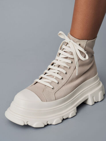 Canvas Chunky High-Top Sneakers, Sand, hi-res