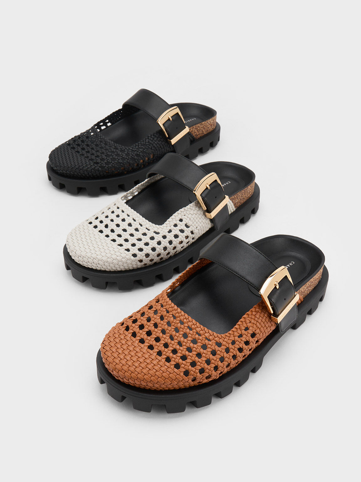 Woven Buckled Flat Mules, White, hi-res