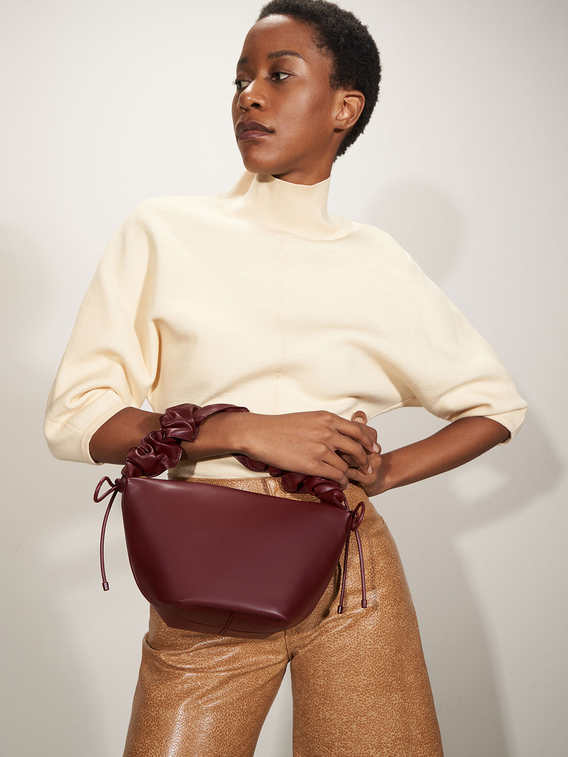 Ruched Handle Hobo Bag, Burgundy, hi-res