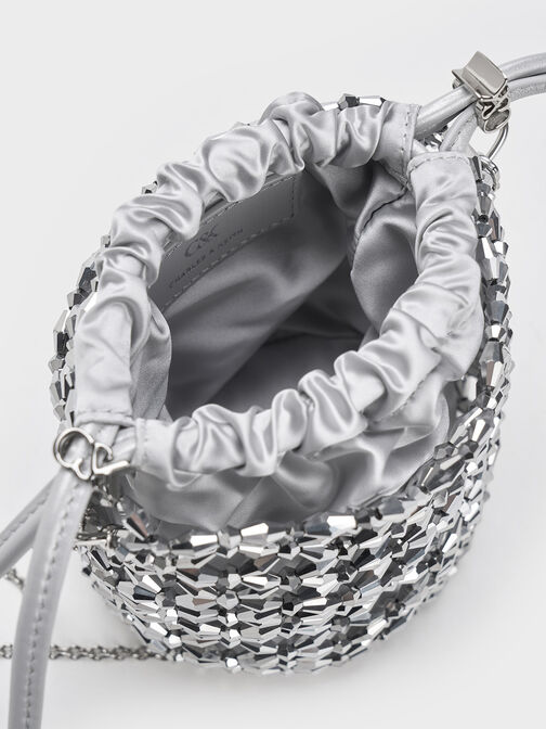串珠編織水桶包, 銀色, hi-res