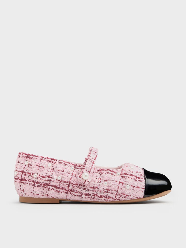 Girls' Tweed Pearl-Embellished Cap-Toe Mary Jane Flats, Pink, hi-res