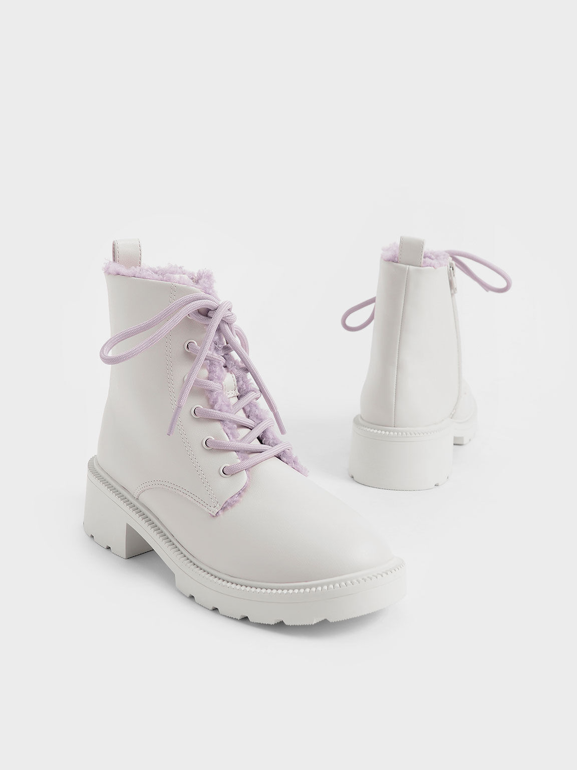 White Girls' Fur-Trimmed Lace-Up Chunky Boots - CHARLES & KEITH