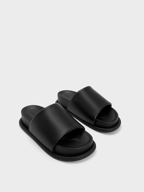 Padded Strap Slide Sandals, Black, hi-res