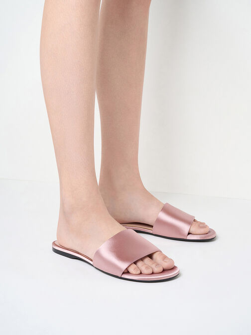 Satin Slide Sandals, Nude, hi-res
