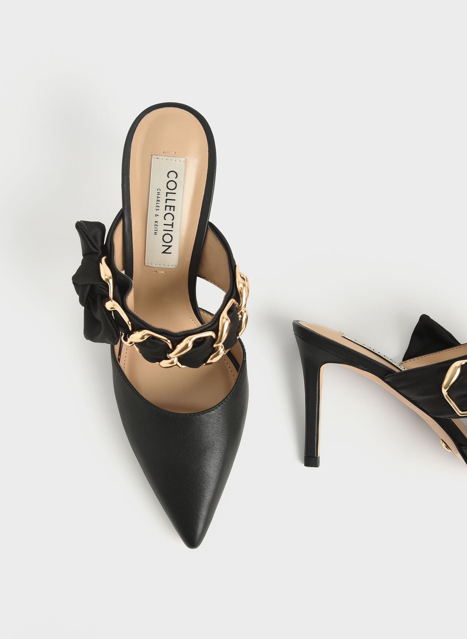 Satin Bow Leather Mules, Black, hi-res