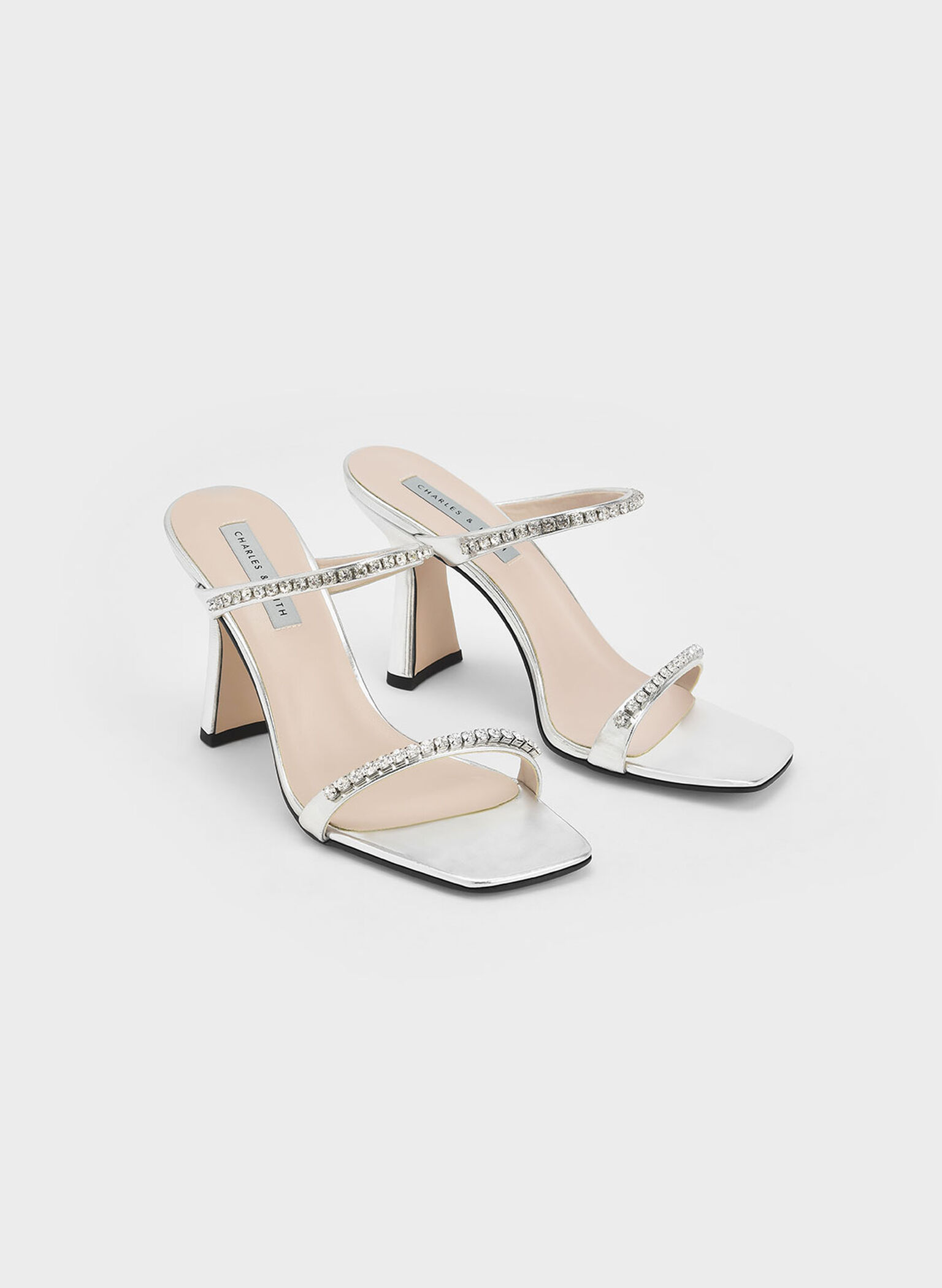 Silver Metallic Gem-Encrusted Heeled Sandals - CHARLES & KEITH CA