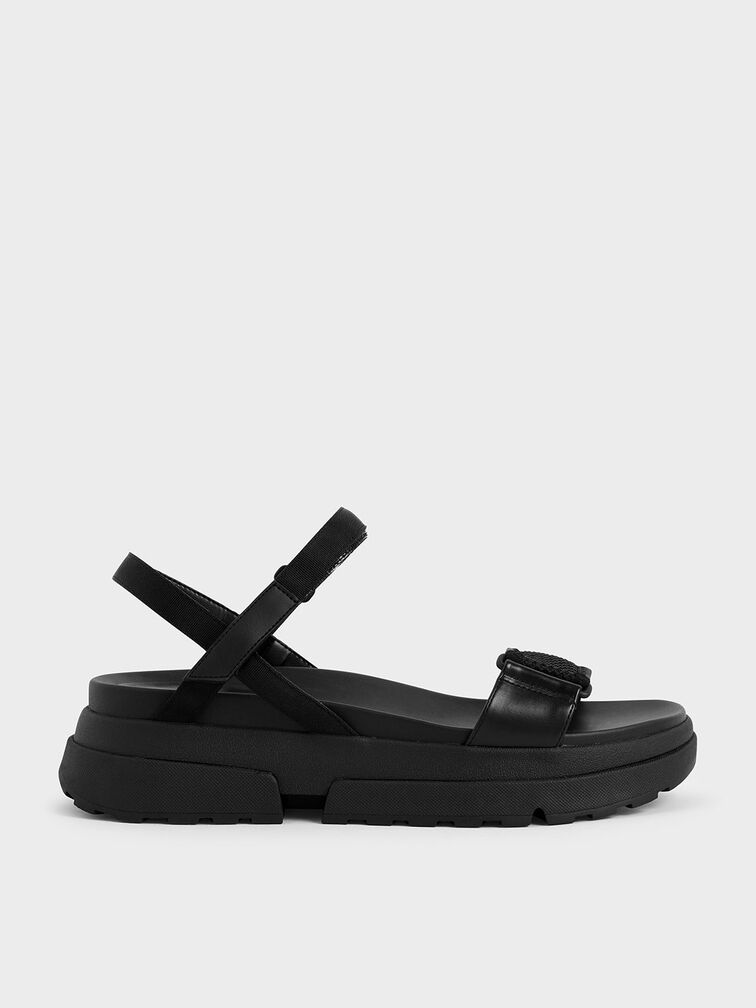 Mesh & Grosgrain Flatform Sandals, Black, hi-res