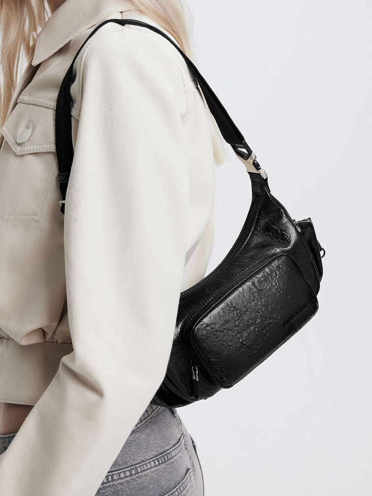 Soleil Crinkle-Effect Shoulder Bag, Noir, hi-res