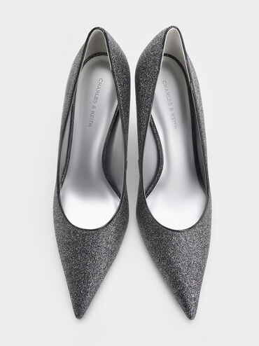 Glittered Cone-Heel Pointed-Toe Pumps, Black Textured, hi-res