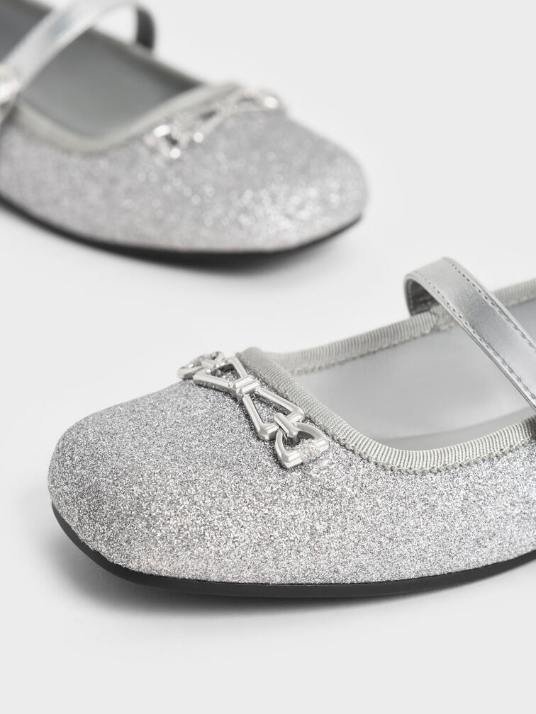 Girls' Metallic Accent Glittered Mary Janes, Silver, hi-res