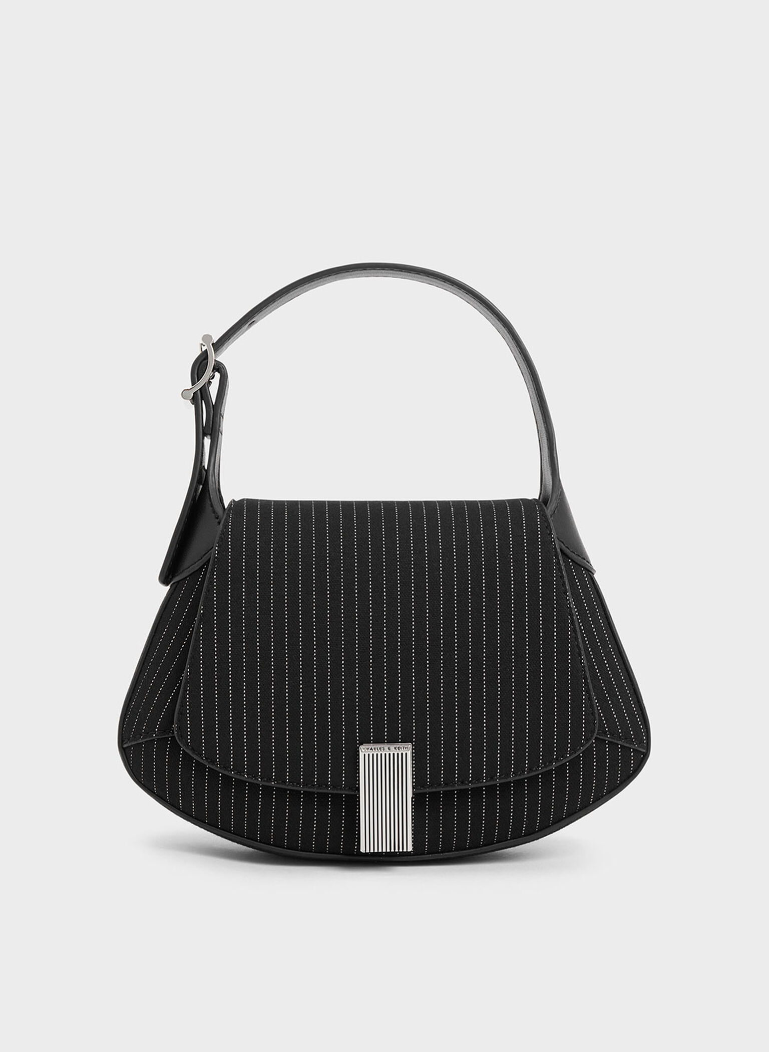 Striped Metallic-Accent Curved Top Handle Bag, Dark Grey, hi-res