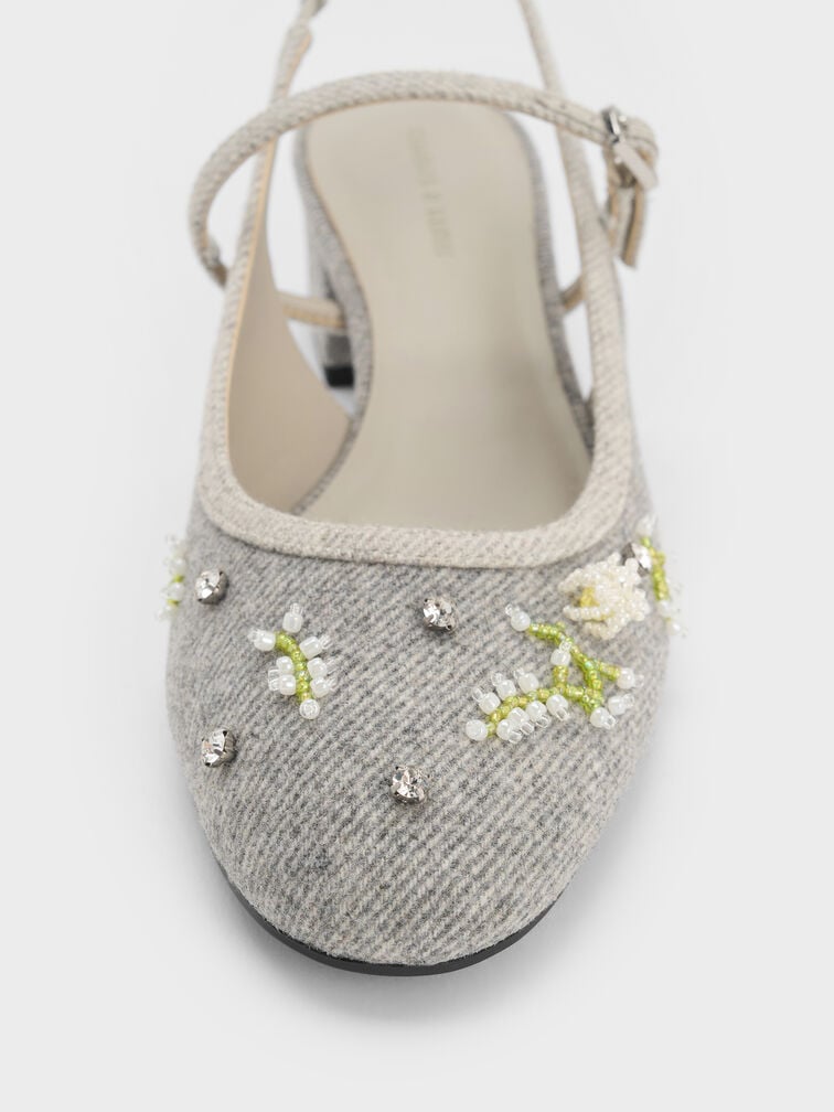 Twill Bead-Flower Block-Heel Slingback Mary Jane Pumps, Grey, hi-res