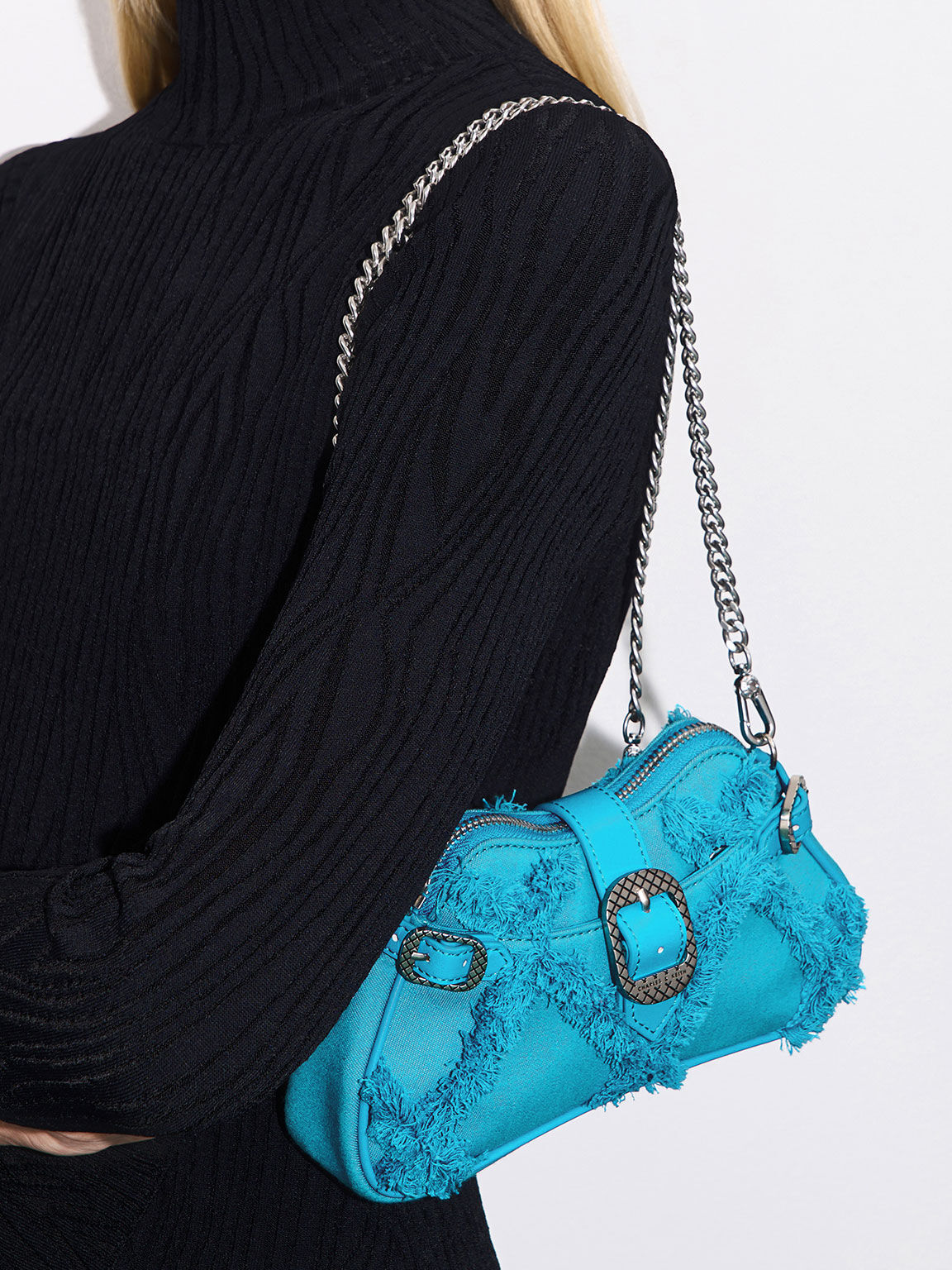 Eilith Chain-Handle Denim Buckled Bag, Blue, hi-res
