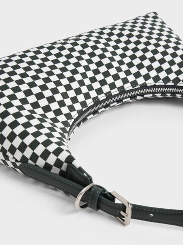 Coiled Handle Checkered Bag, Dark Green, hi-res