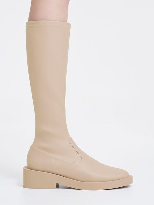 Botas a la rodilla con cremallera lateral, Beige, hi-res