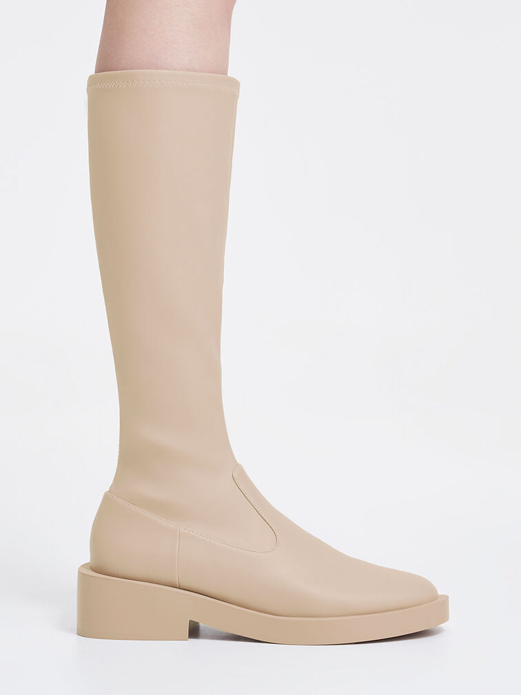 Side Zip Knee-High Boots, Beige, hi-res
