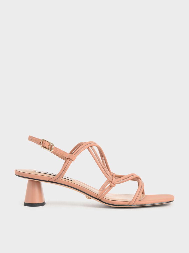 Leather Strappy Knotted Sandals, Tan, hi-res