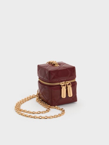 Janie Metallic Quilted Chain-Handle Micro Bag, Burgundy, hi-res
