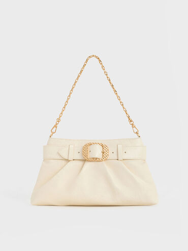 Avis Belted Ruched Shoulder Bag, Cream, hi-res