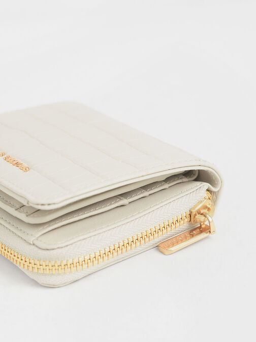 Croc-Effect Small Zip-Around Wallet, Cream, hi-res