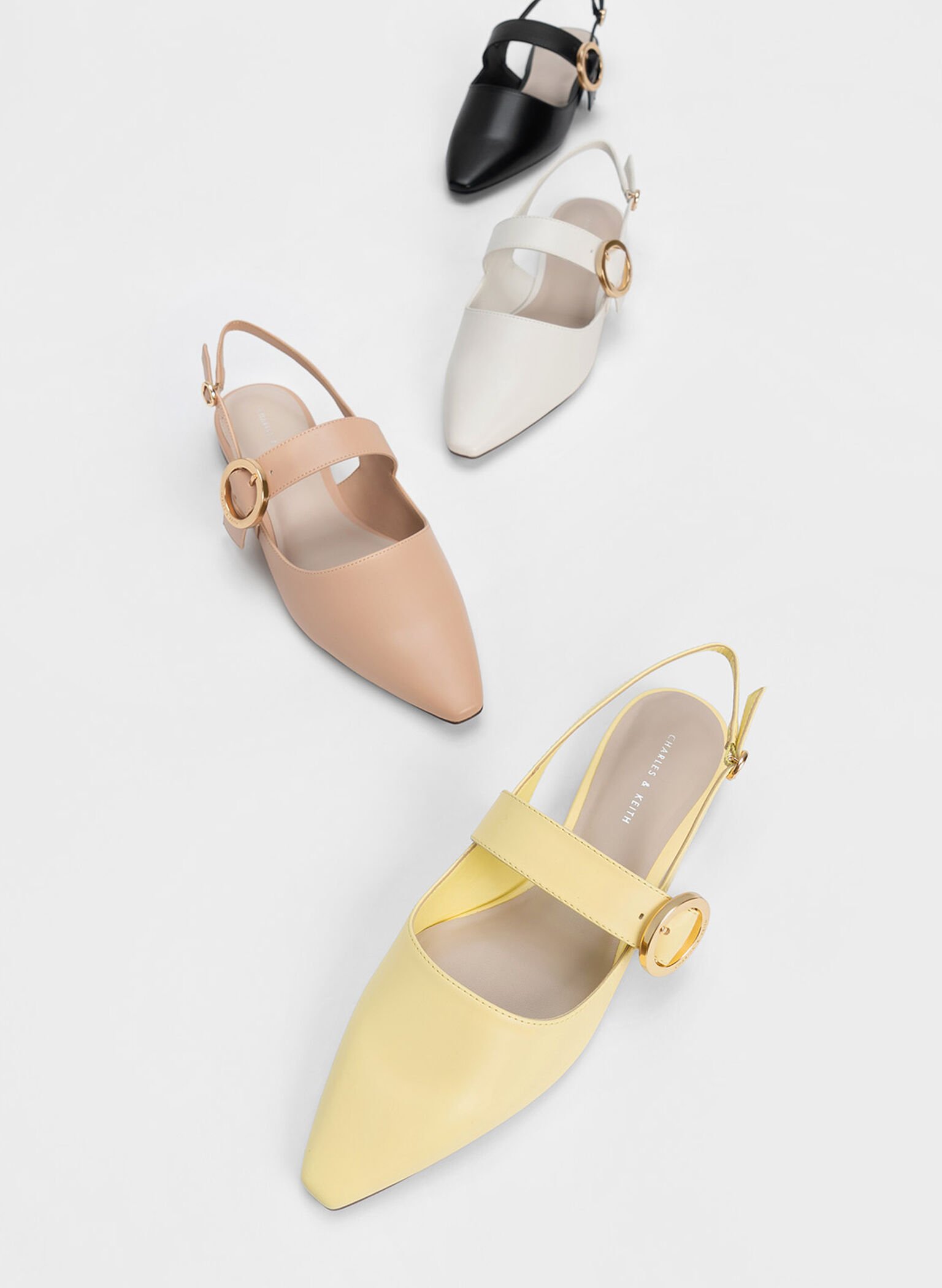 Buckled Strap Slingback Flats, White, hi-res