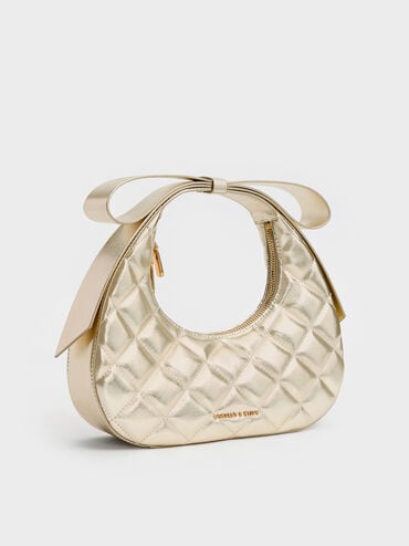 Janie Metallic Quilted Bow-Handle Crescent Bag, Champagne, hi-res