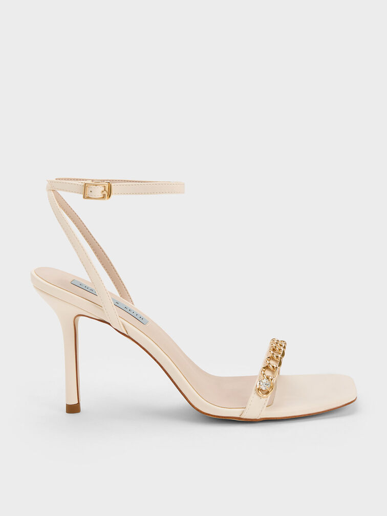 Chain-Embellished Ankle Strap Sandals, Chalk, hi-res