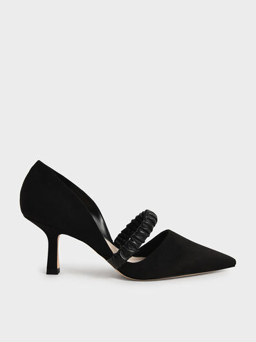 Ruched Strap Textured D'Orsay Pumps, Black, hi-res