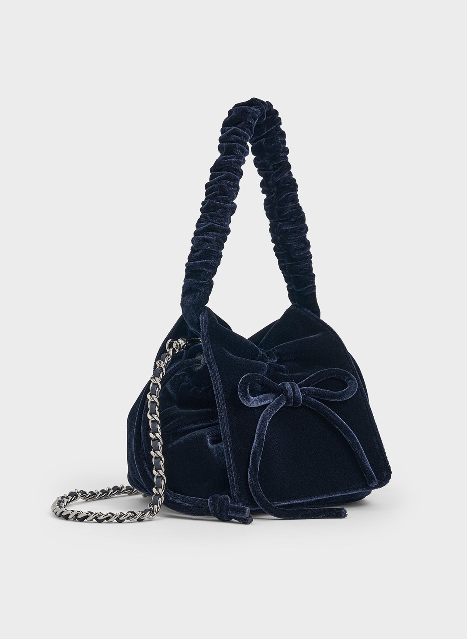 Velvet Bow Ruched Top Handle Bag, Dark Blue, hi-res
