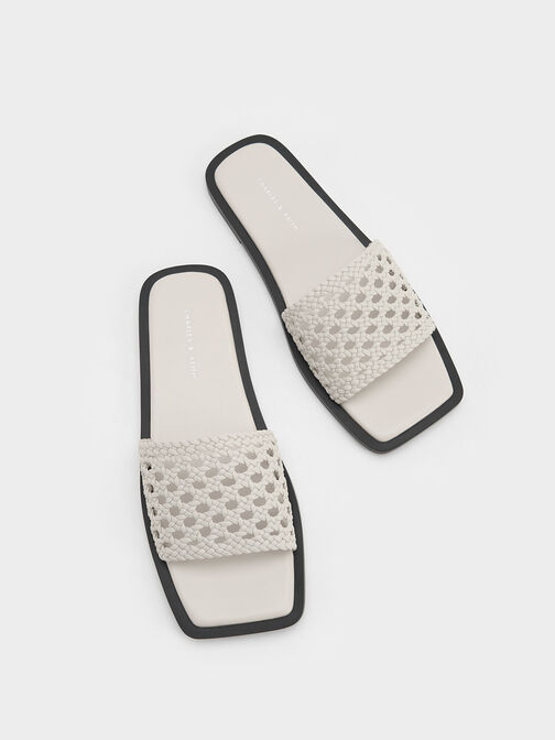 Woven Square-Toe Slides, White, hi-res