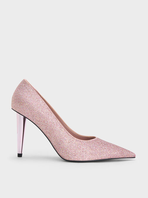 Glittered Cone-Heel Pointed-Toe Pumps, Pink, hi-res