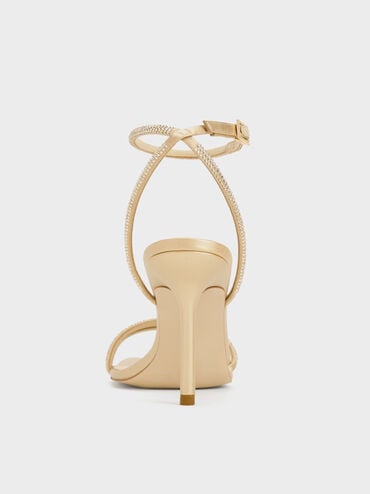 Satin Crystal-Embellished Stiletto-Heel Sandals, Gold, hi-res