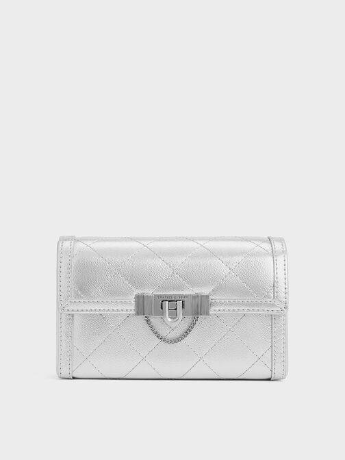 Tallulah Quilted Metallic Push-Lock Clutch, Silver, hi-res
