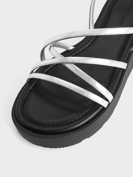 Metallic Strappy Ridged-Sole Flatform Sandals, Silver, hi-res