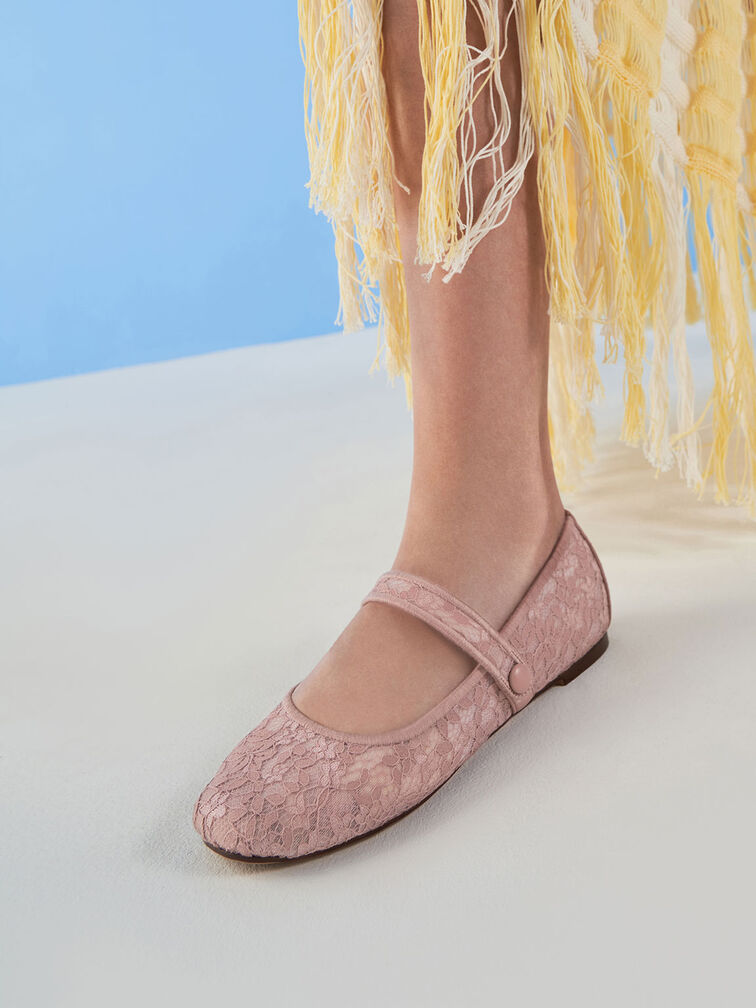 Lace & Mesh Mary Jane Ballerina Flats, Pink, hi-res