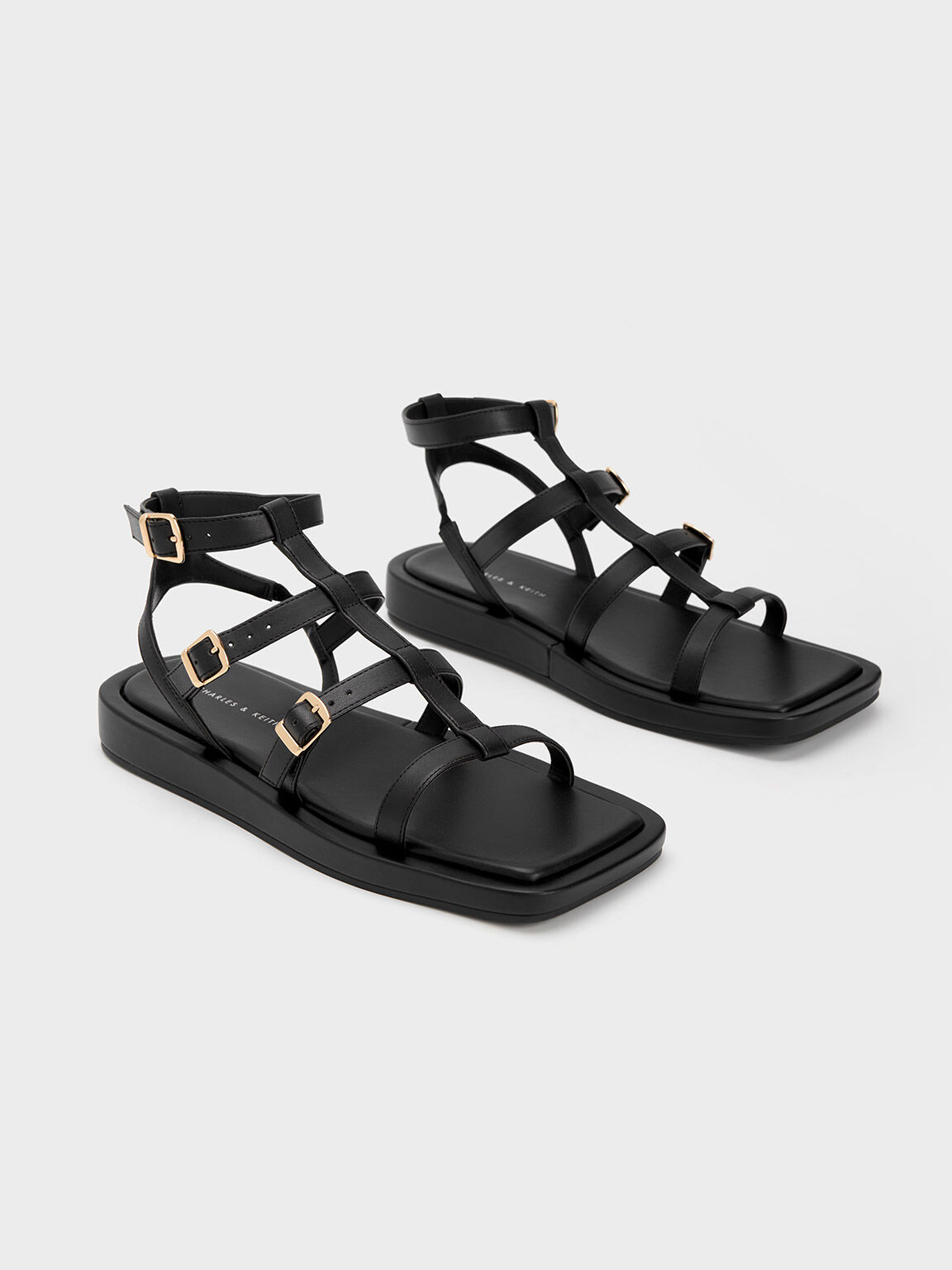 Buckled Gladiator Sandals, Black, hi-res